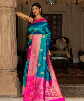 Teal blue pink silk handwoven banarasi saree