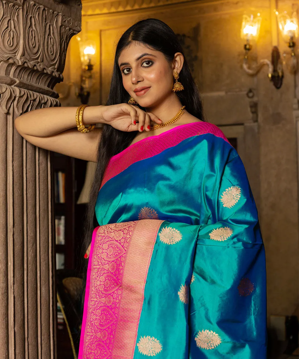 Teal blue pink silk handwoven banarasi saree