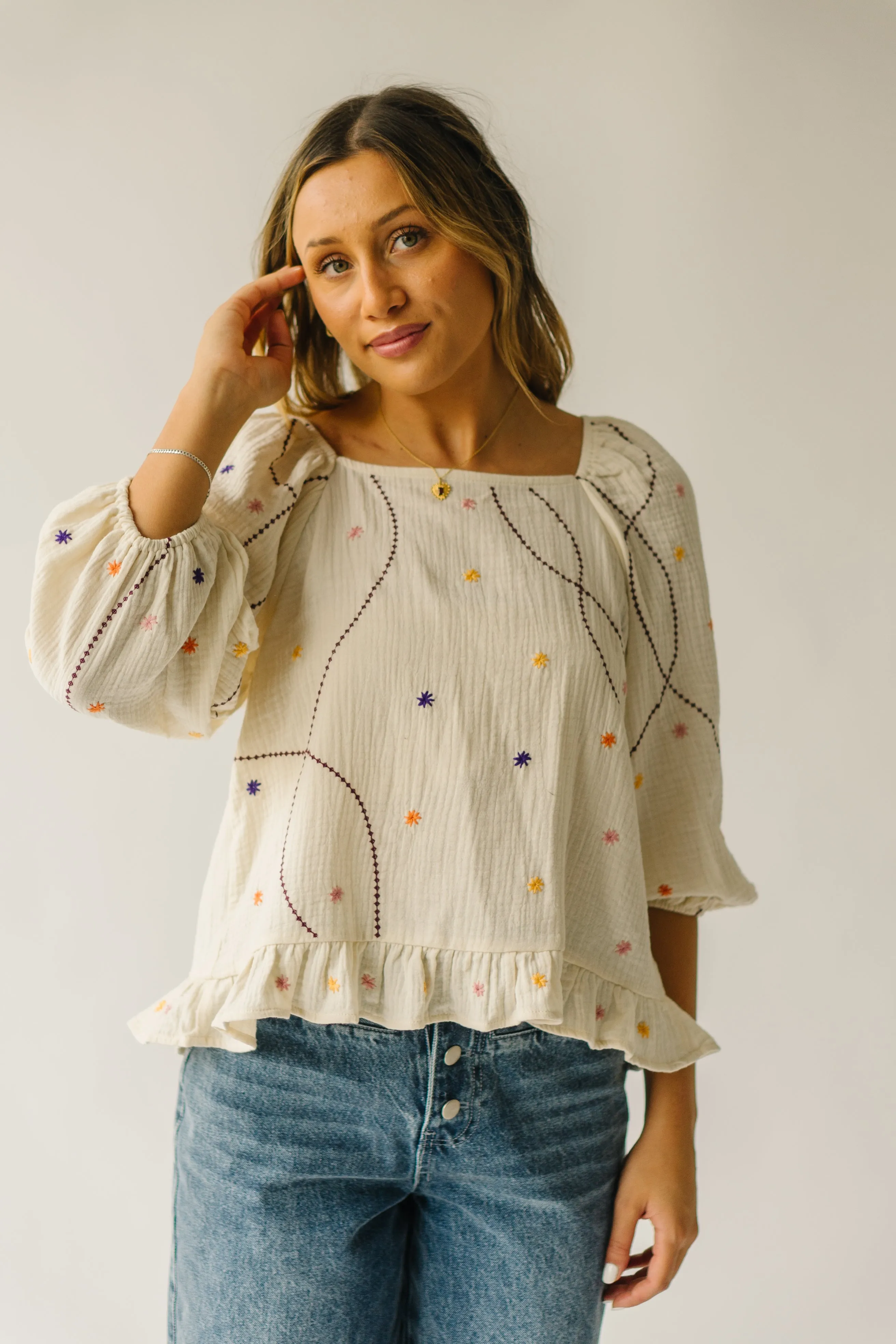 The Benza Embroidered Dot Blouse in Cream