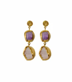 The Spirited Two Stone Gold Earrings with Amethyst and Rose Quartz