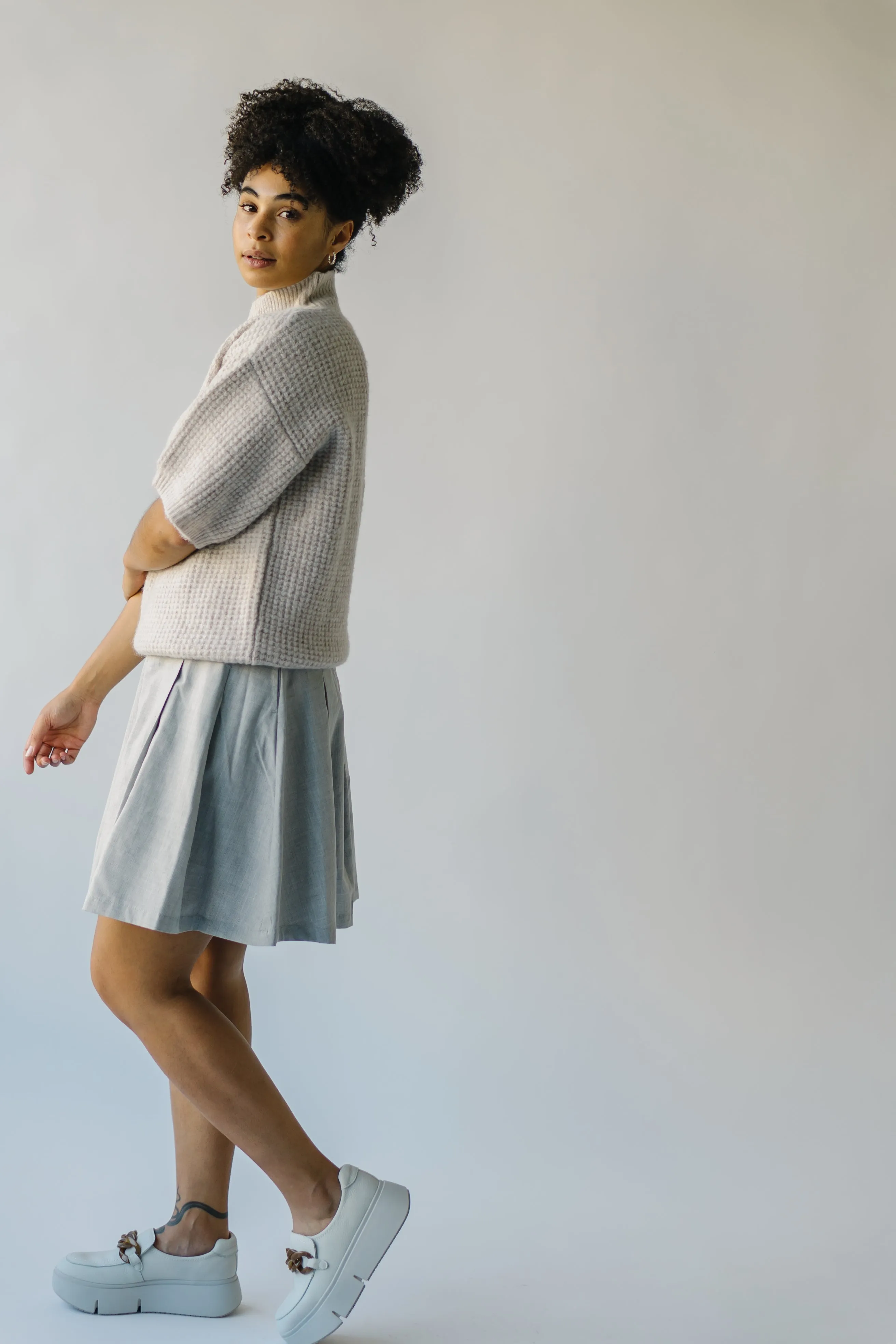 The Swiney Waffle Knit Mock Neck Blouse in Sand