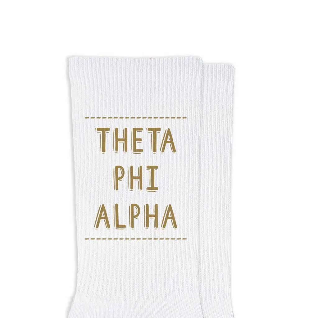 Theta Phi Alpha Crew Socks with Theta Phi Alpha Name in Sorority Colors