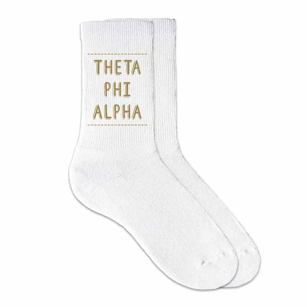 Theta Phi Alpha Crew Socks with Theta Phi Alpha Name in Sorority Colors