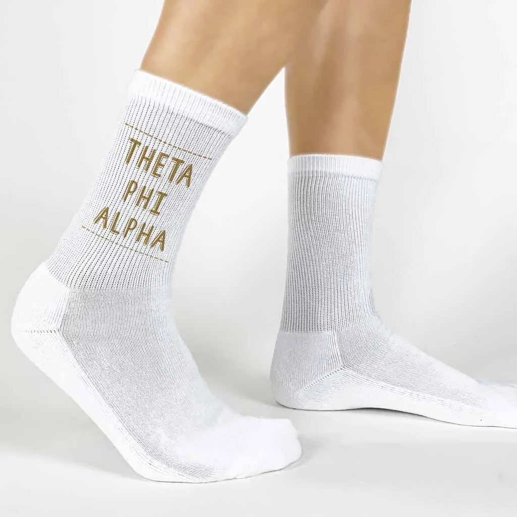 Theta Phi Alpha Crew Socks with Theta Phi Alpha Name in Sorority Colors