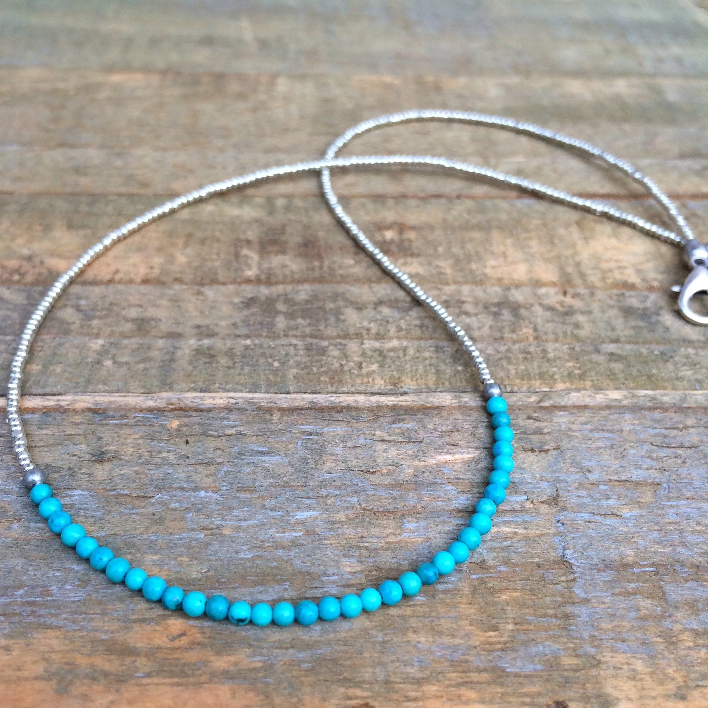 Tiny Turquoise Necklace, Turquoise Silver Layering Necklace, Minimalist Silver Necklace, Tiny Beaded Necklace, Silver Bead Jewelry