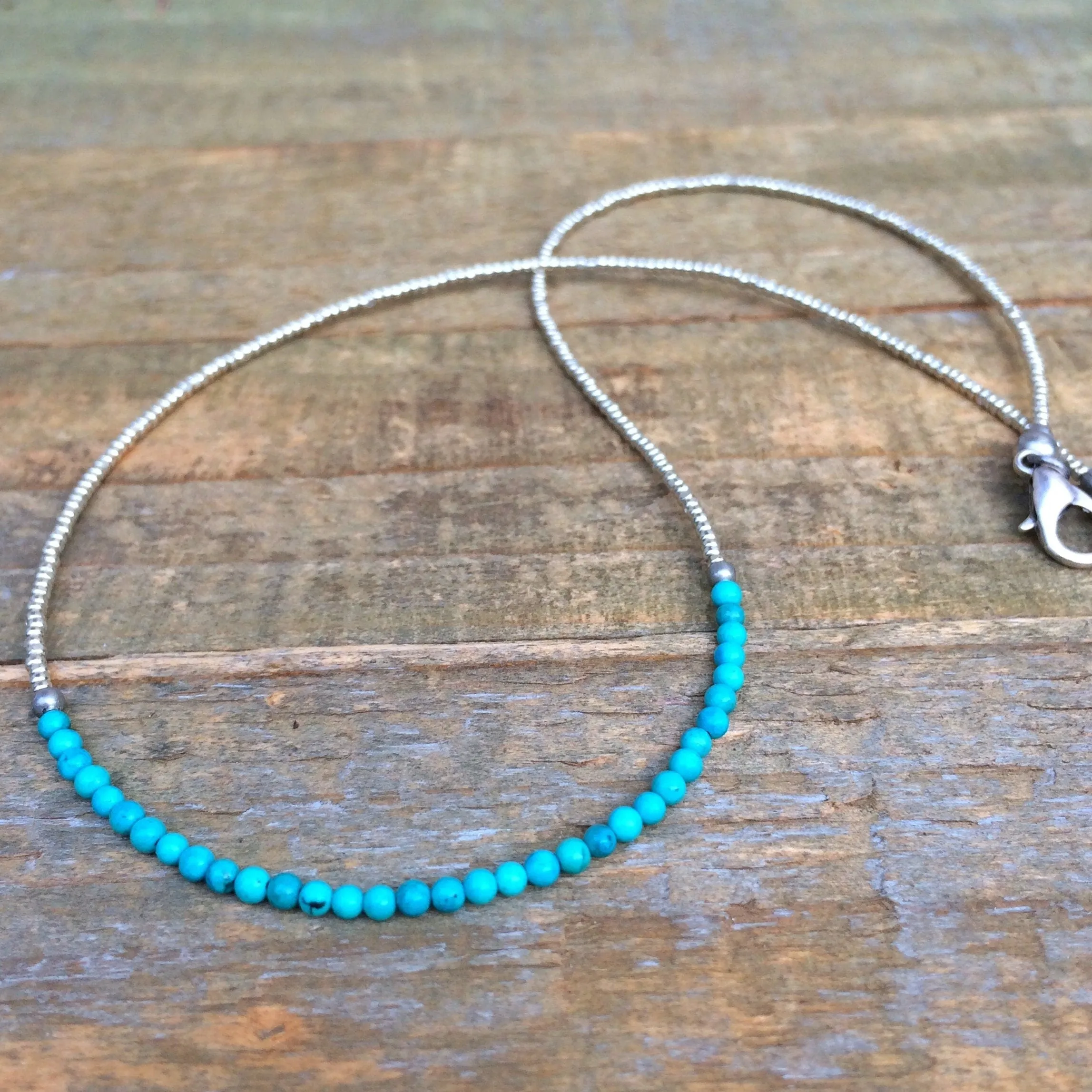 Tiny Turquoise Necklace, Turquoise Silver Layering Necklace, Minimalist Silver Necklace, Tiny Beaded Necklace, Silver Bead Jewelry