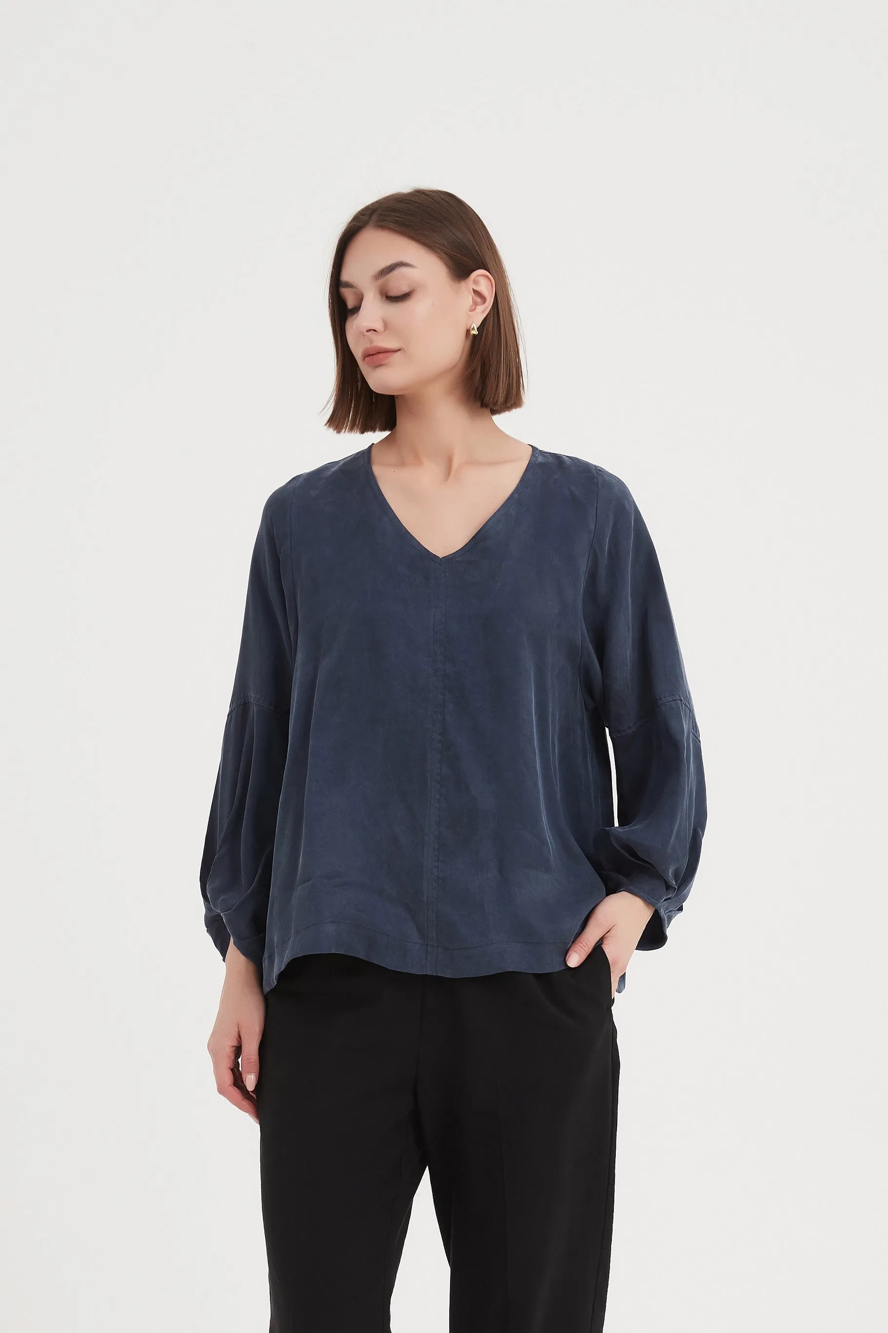 Tirelli - V Neck Bishop Long Sleeve Top - Deep Ocean