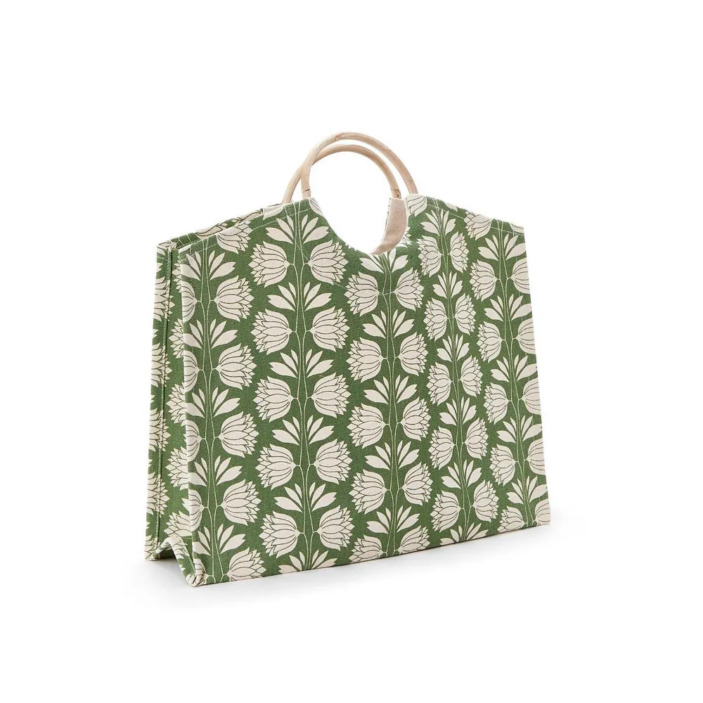 Two's Company Palm Deco Tote With Bamboo Handle