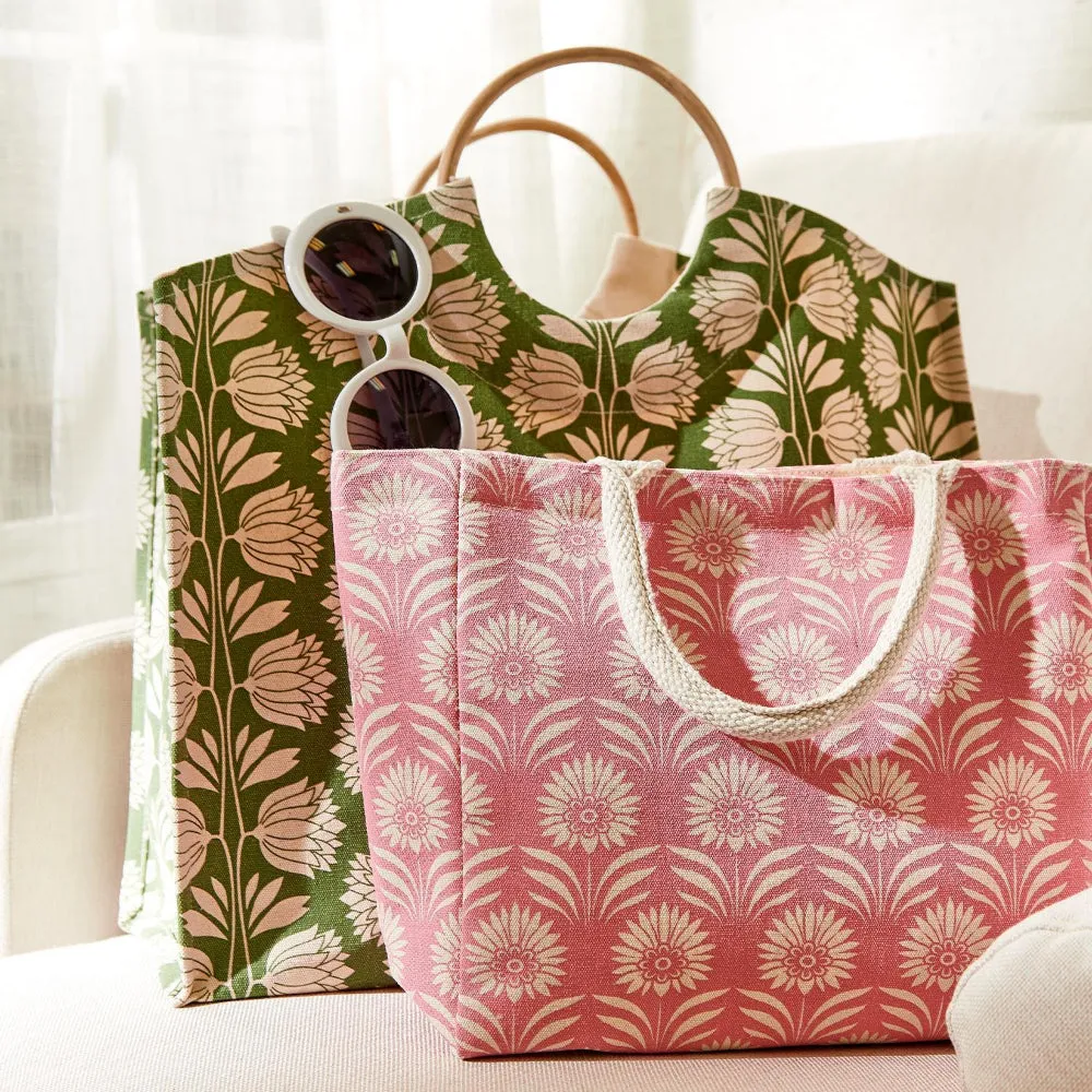 Two's Company Palm Deco Tote With Bamboo Handle