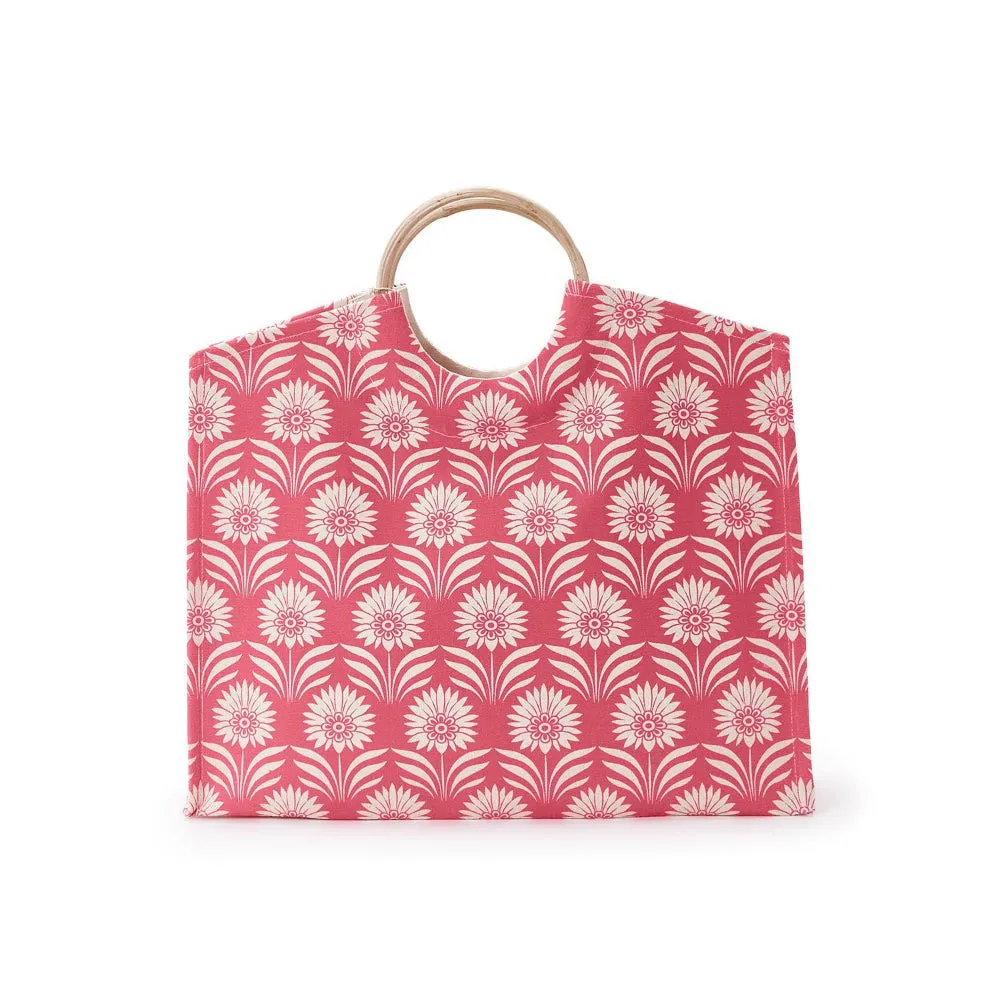 Two's Company Palm Deco Tote With Bamboo Handle