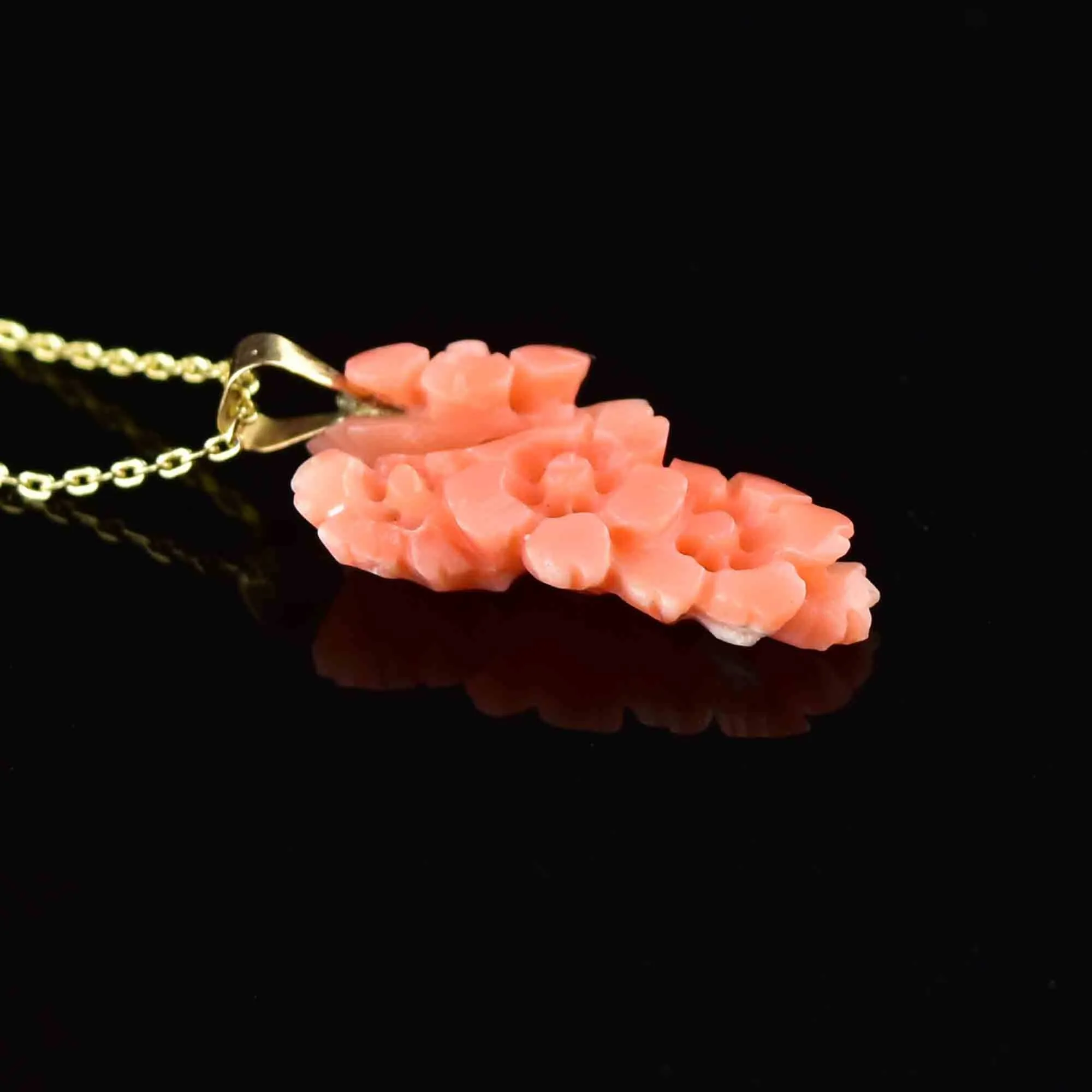 Victorian 14K Gold Carved Coral Flower Pendant Necklace