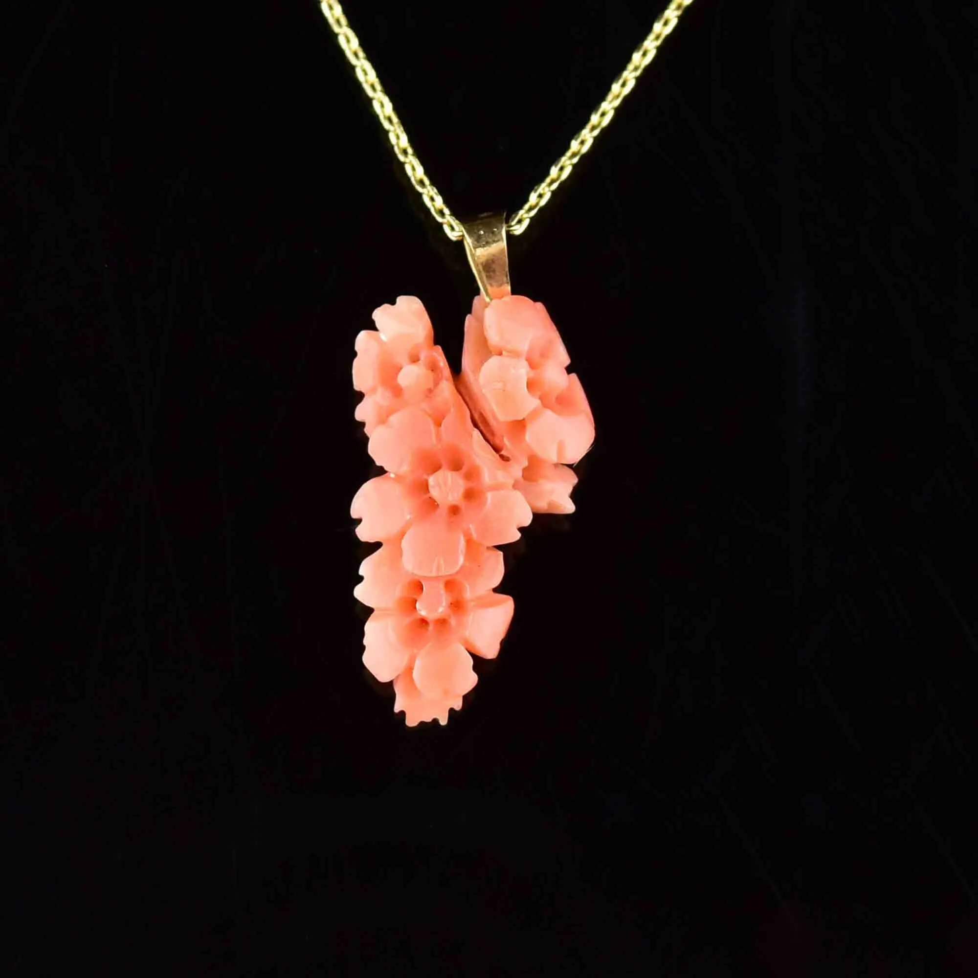 Victorian 14K Gold Carved Coral Flower Pendant Necklace