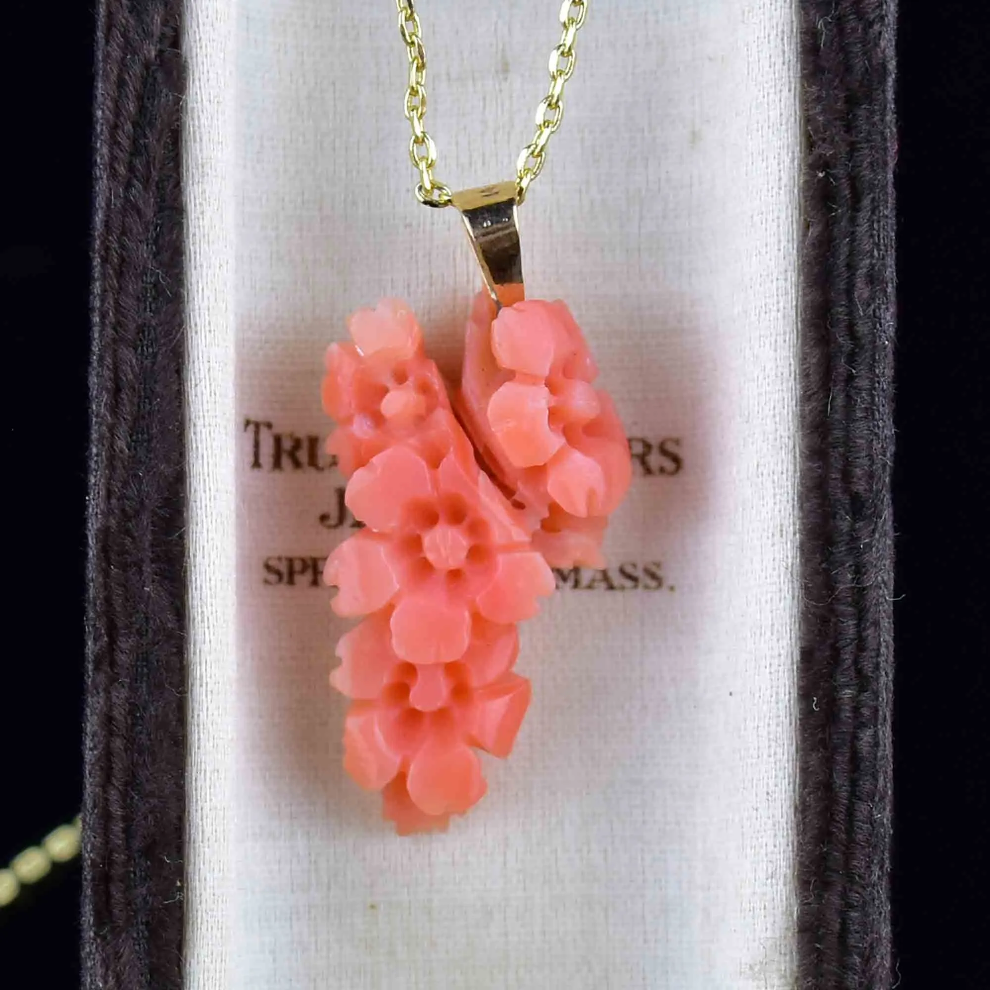 Victorian 14K Gold Carved Coral Flower Pendant Necklace