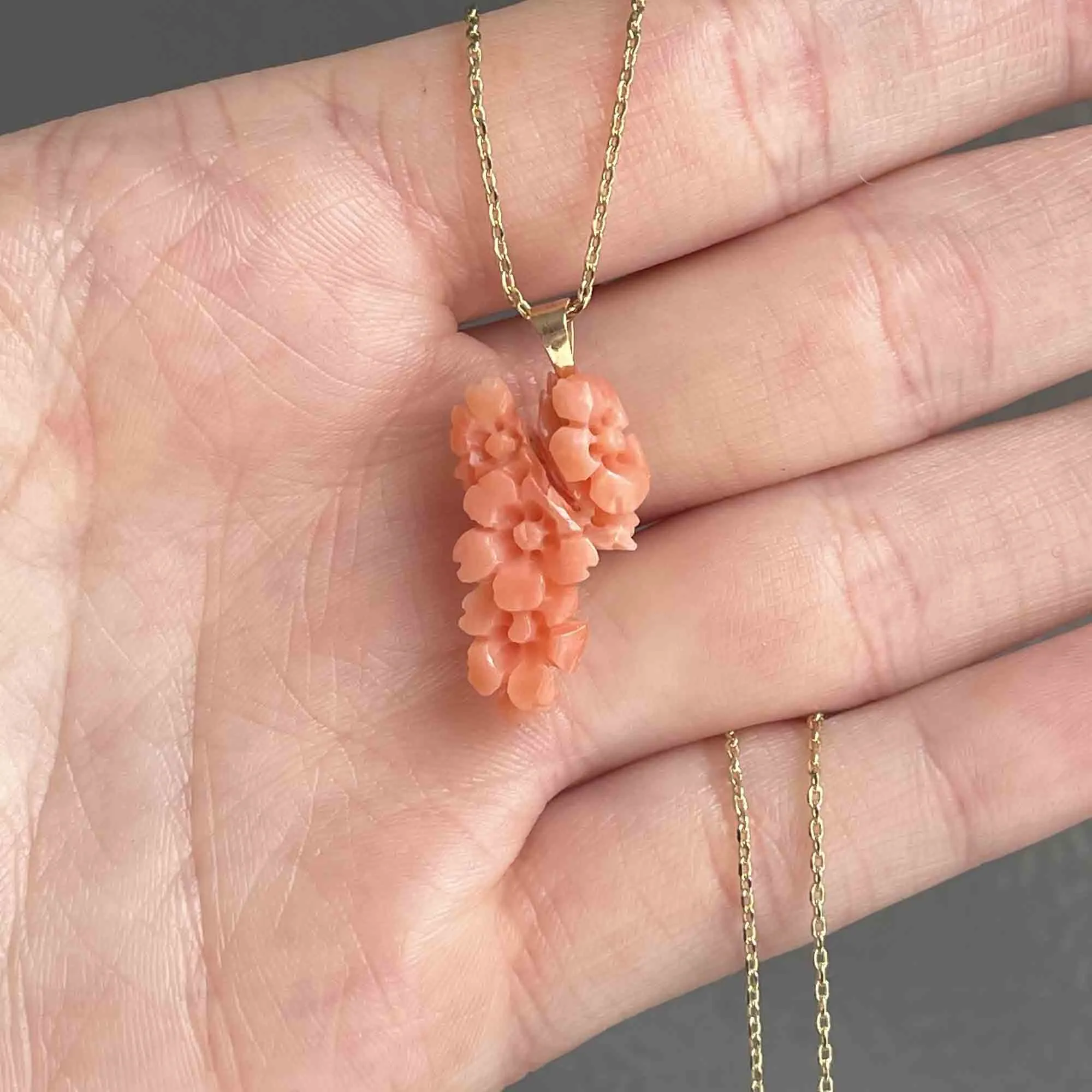 Victorian 14K Gold Carved Coral Flower Pendant Necklace