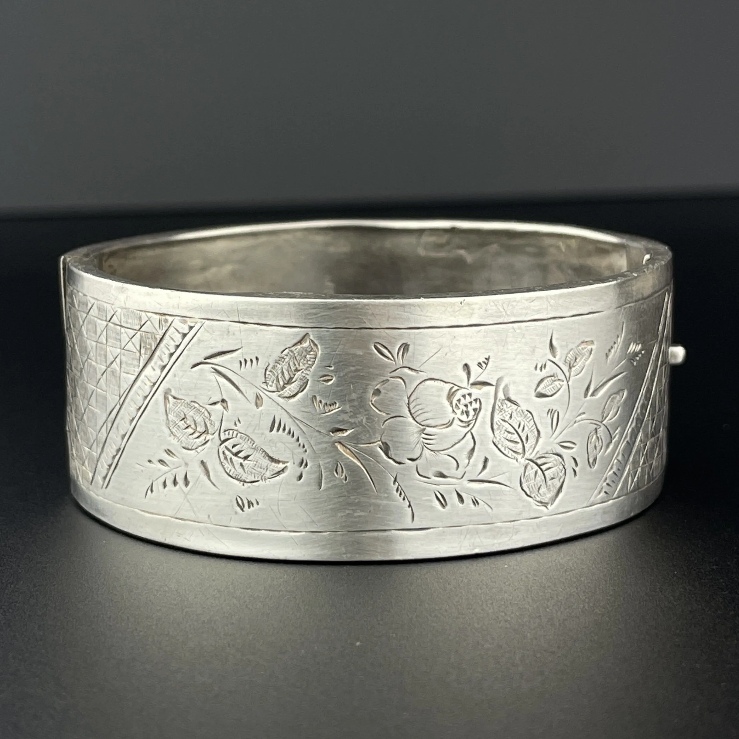 Victorian Floral Engraved Silver Bangle Cuff Bracelet