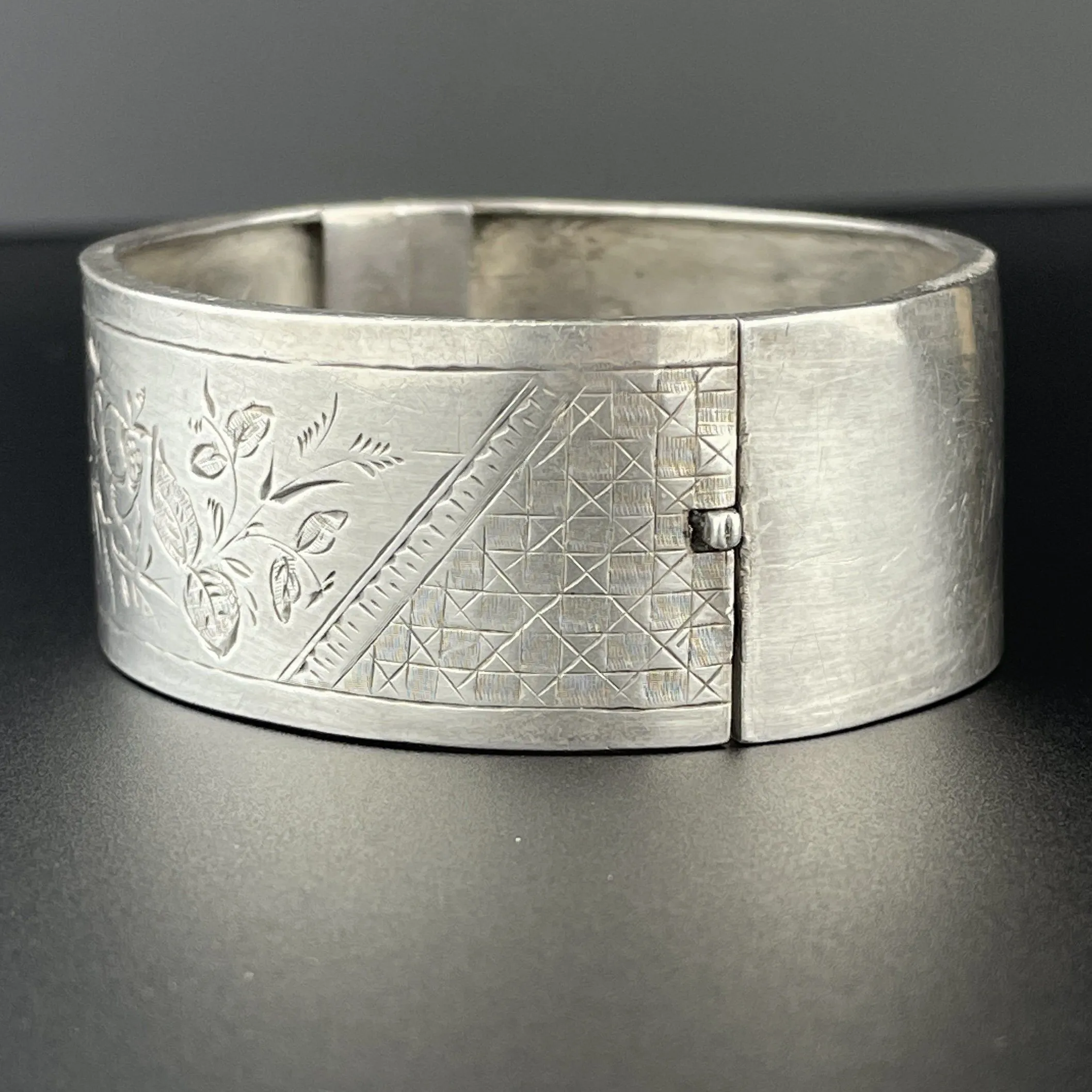 Victorian Floral Engraved Silver Bangle Cuff Bracelet