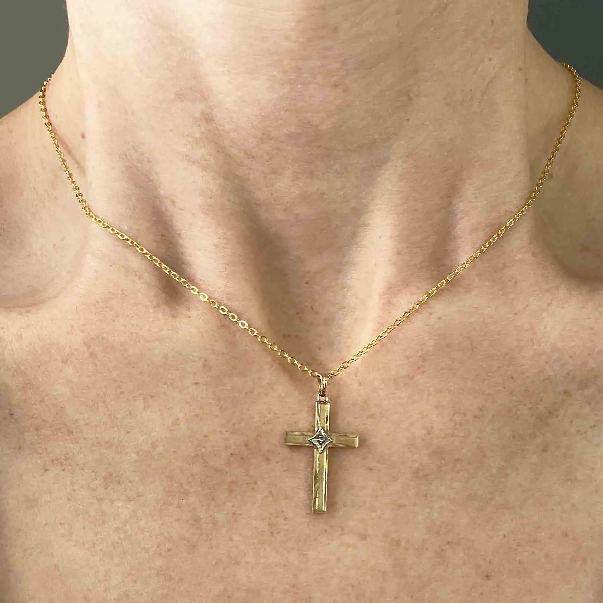 Vintage 10K Gold Diamond Cross Pendant Necklace