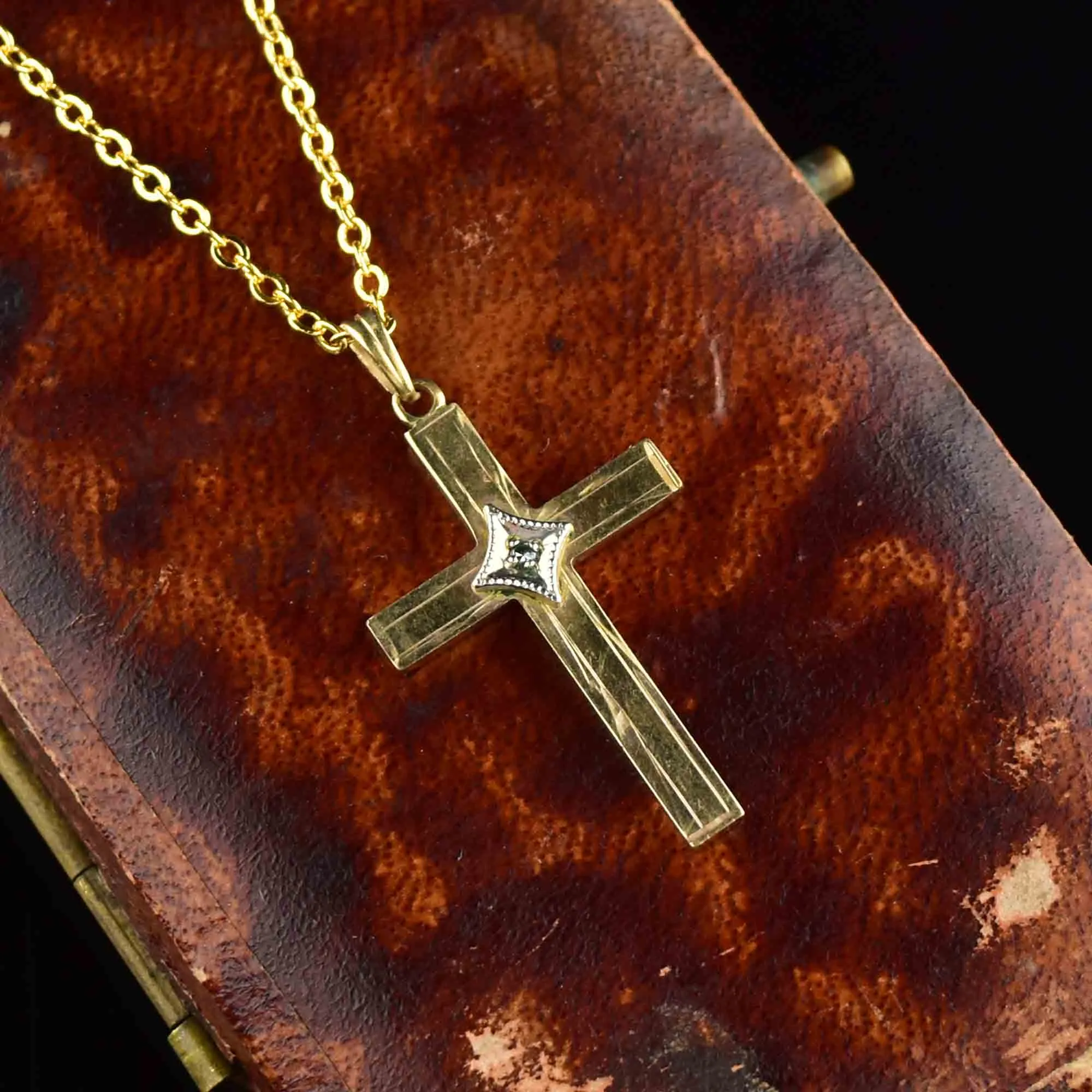 Vintage 10K Gold Diamond Cross Pendant Necklace