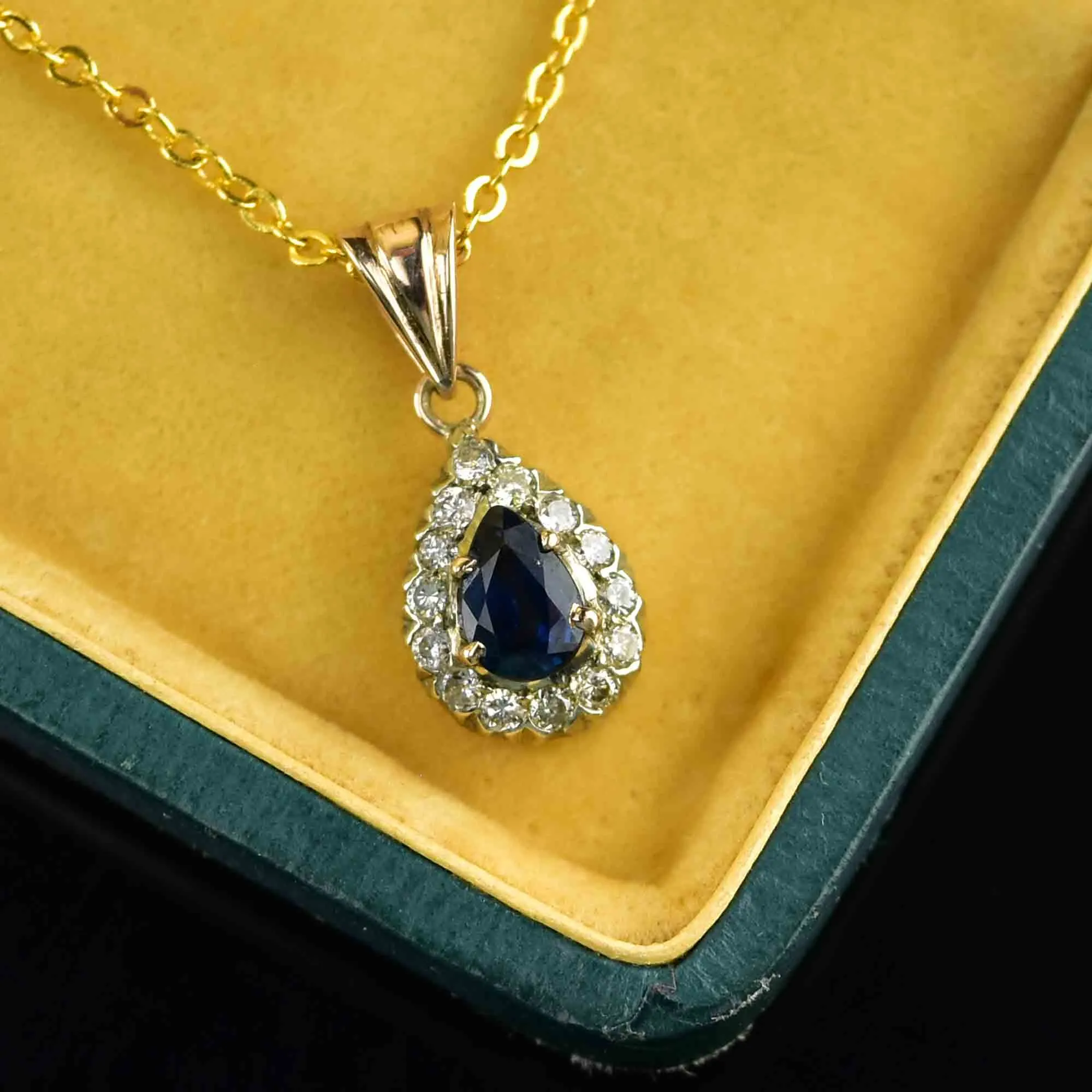 Vintage 14K Gold Sapphire Diamond Halo Pendant Necklace