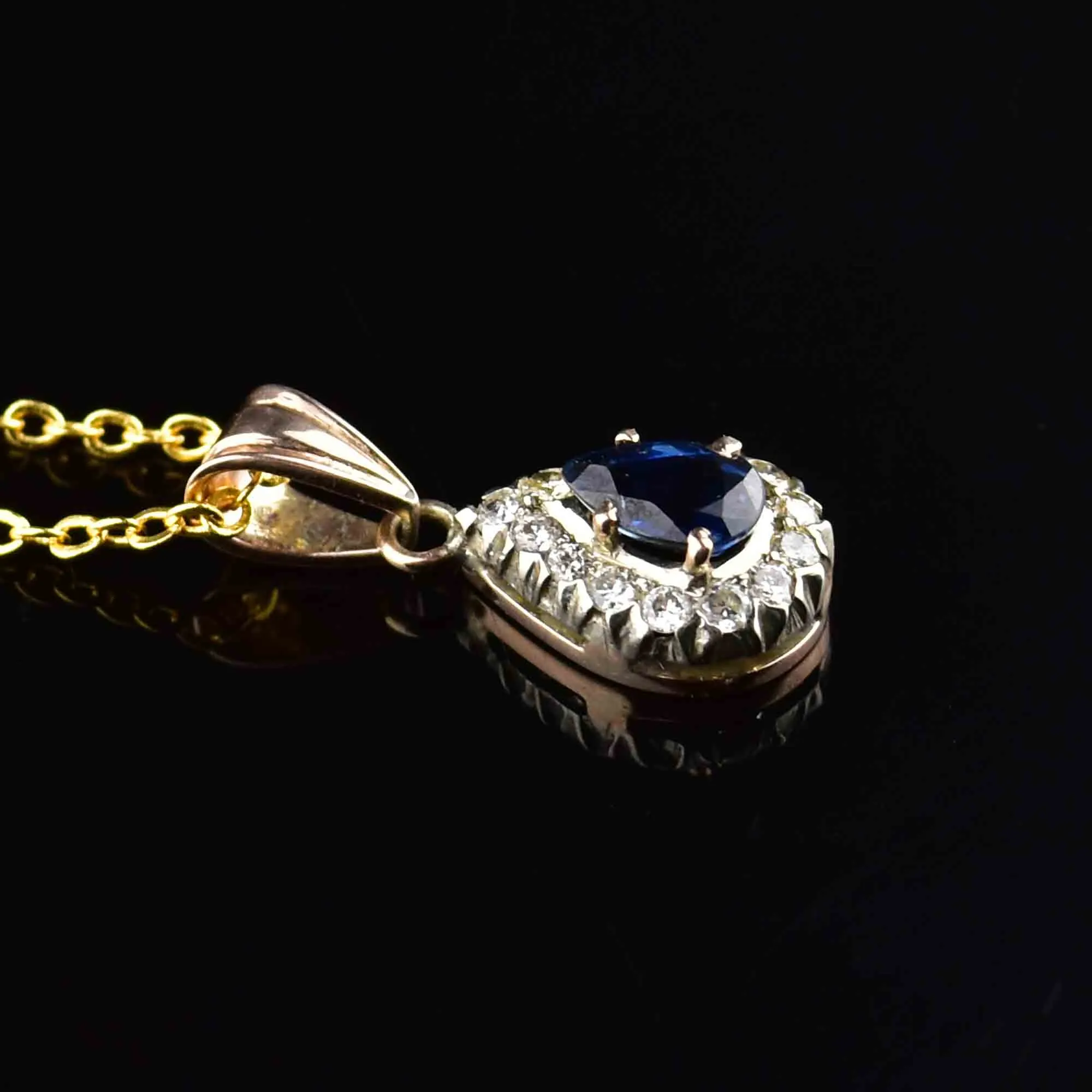 Vintage 14K Gold Sapphire Diamond Halo Pendant Necklace