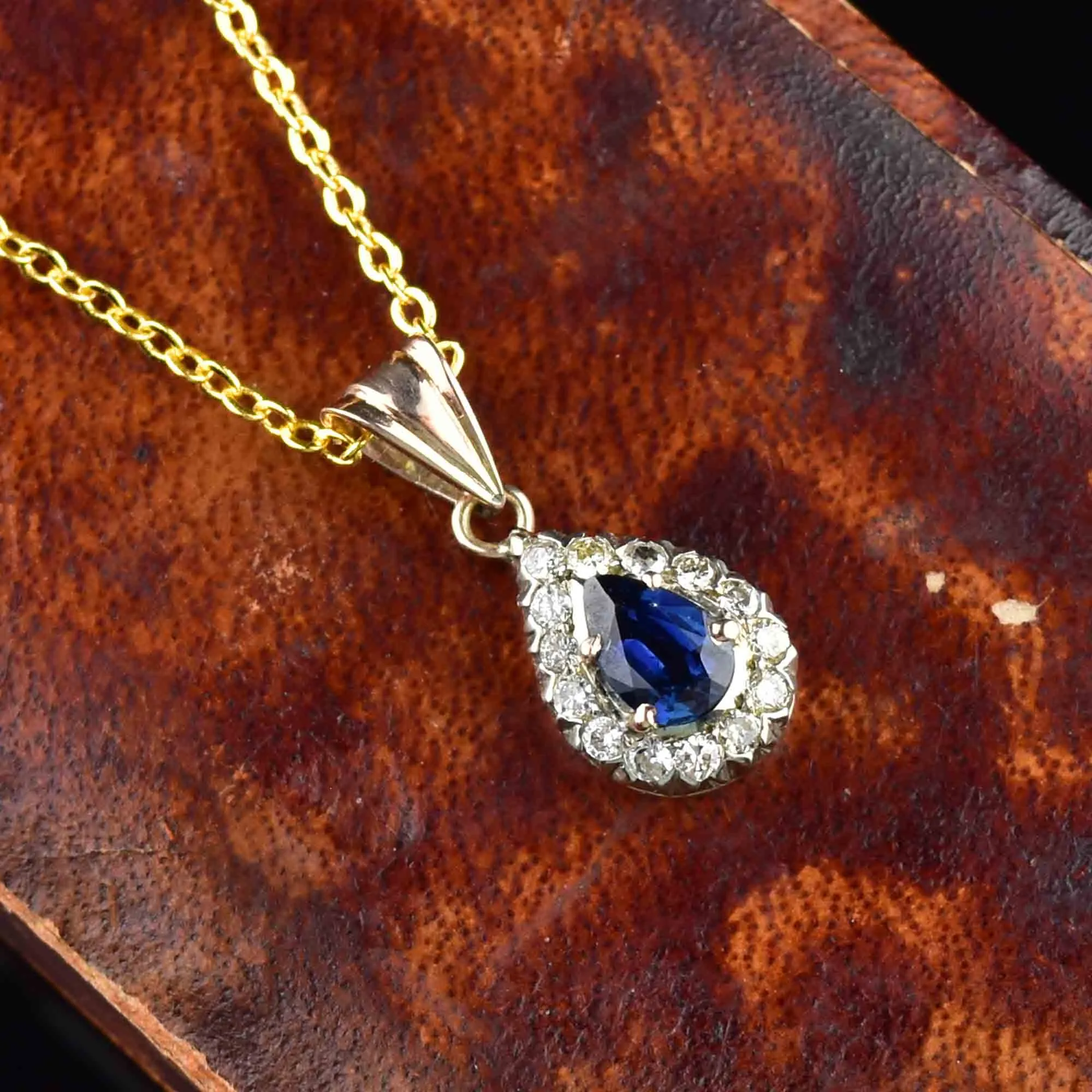 Vintage 14K Gold Sapphire Diamond Halo Pendant Necklace