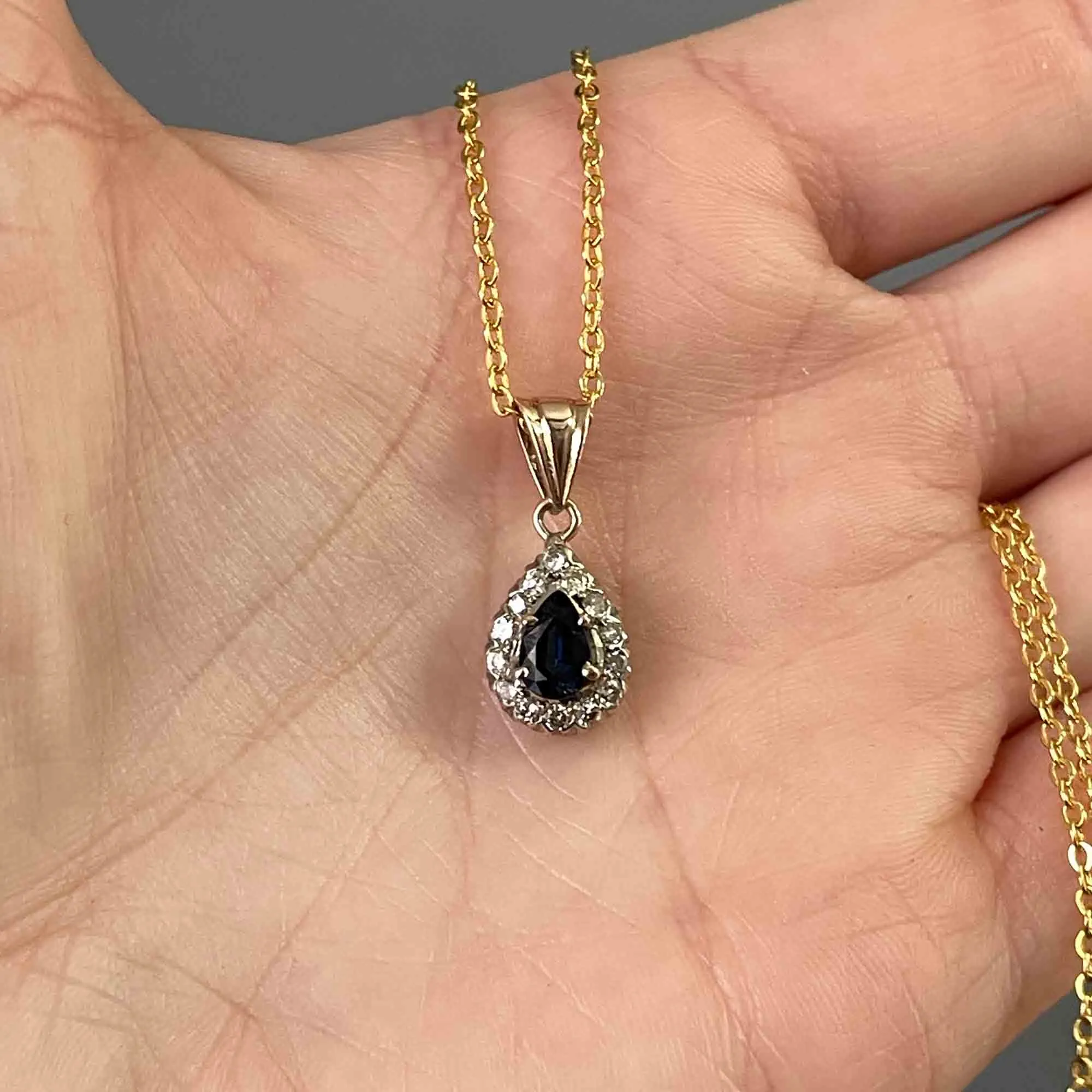 Vintage 14K Gold Sapphire Diamond Halo Pendant Necklace