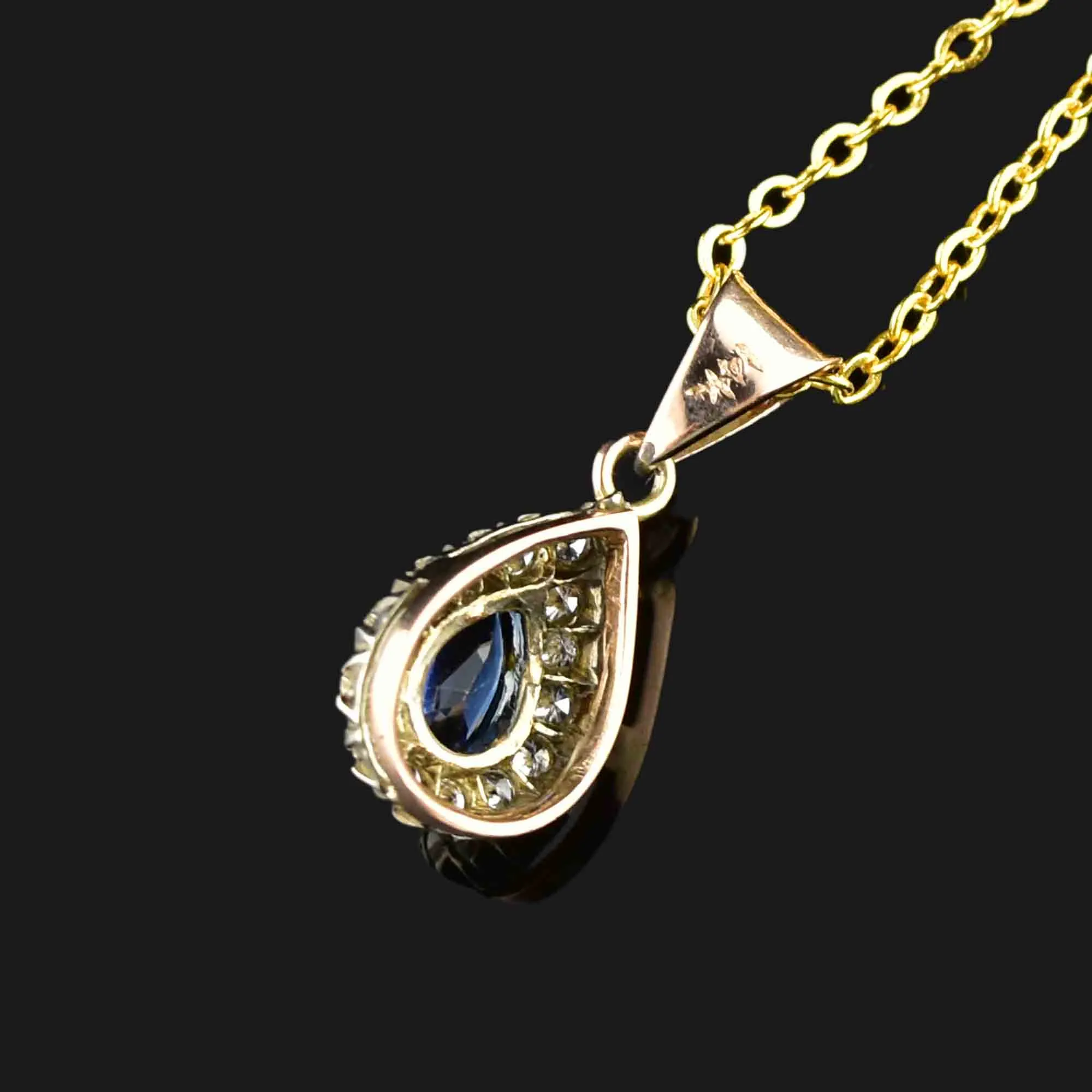 Vintage 14K Gold Sapphire Diamond Halo Pendant Necklace