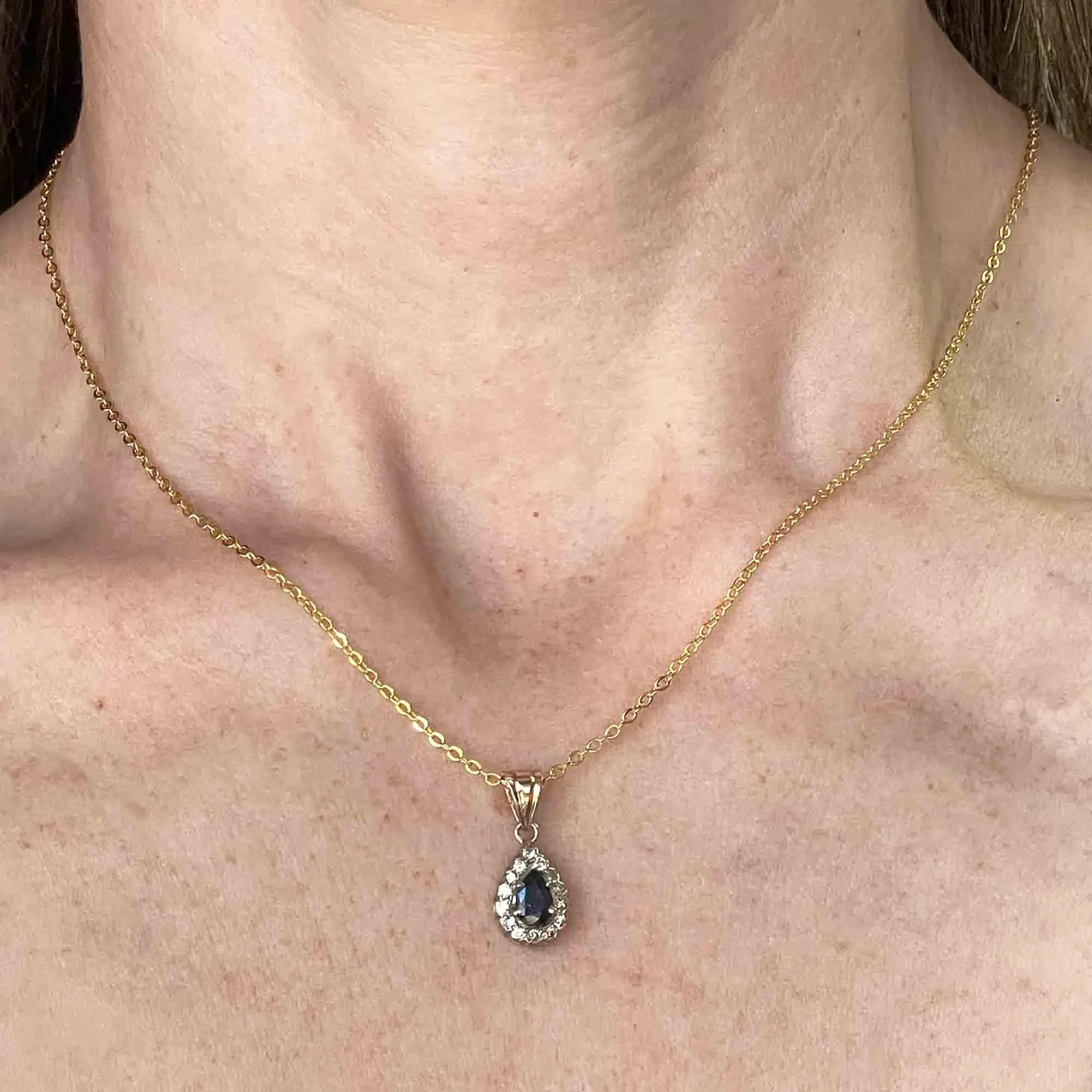 Vintage 14K Gold Sapphire Diamond Halo Pendant Necklace