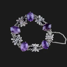 Vintage Amethyst Cabochon Silver Symbol Link Bracelet