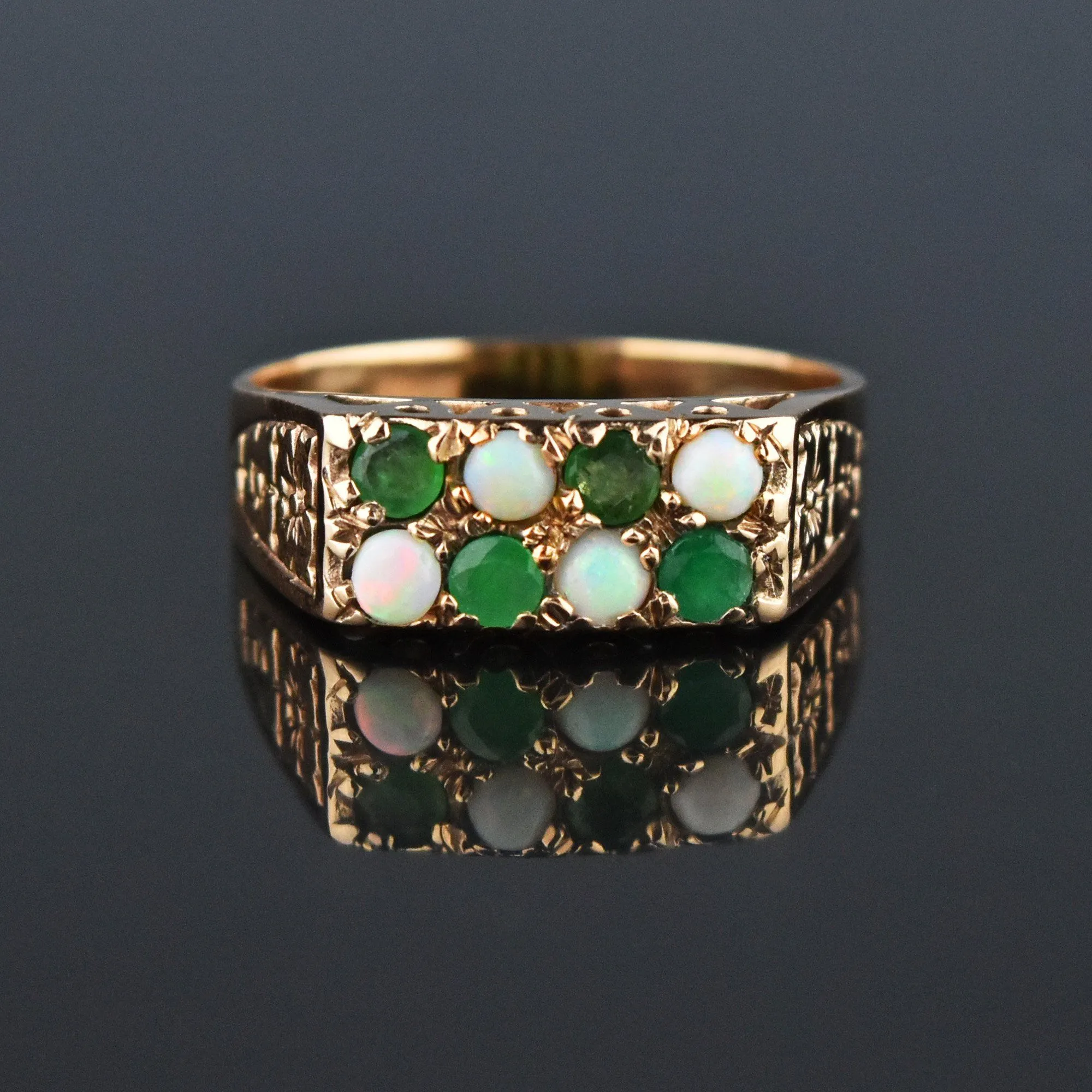 Vintage Art Deco Style Gold Opal & Emerald Band Ring, Sz 8