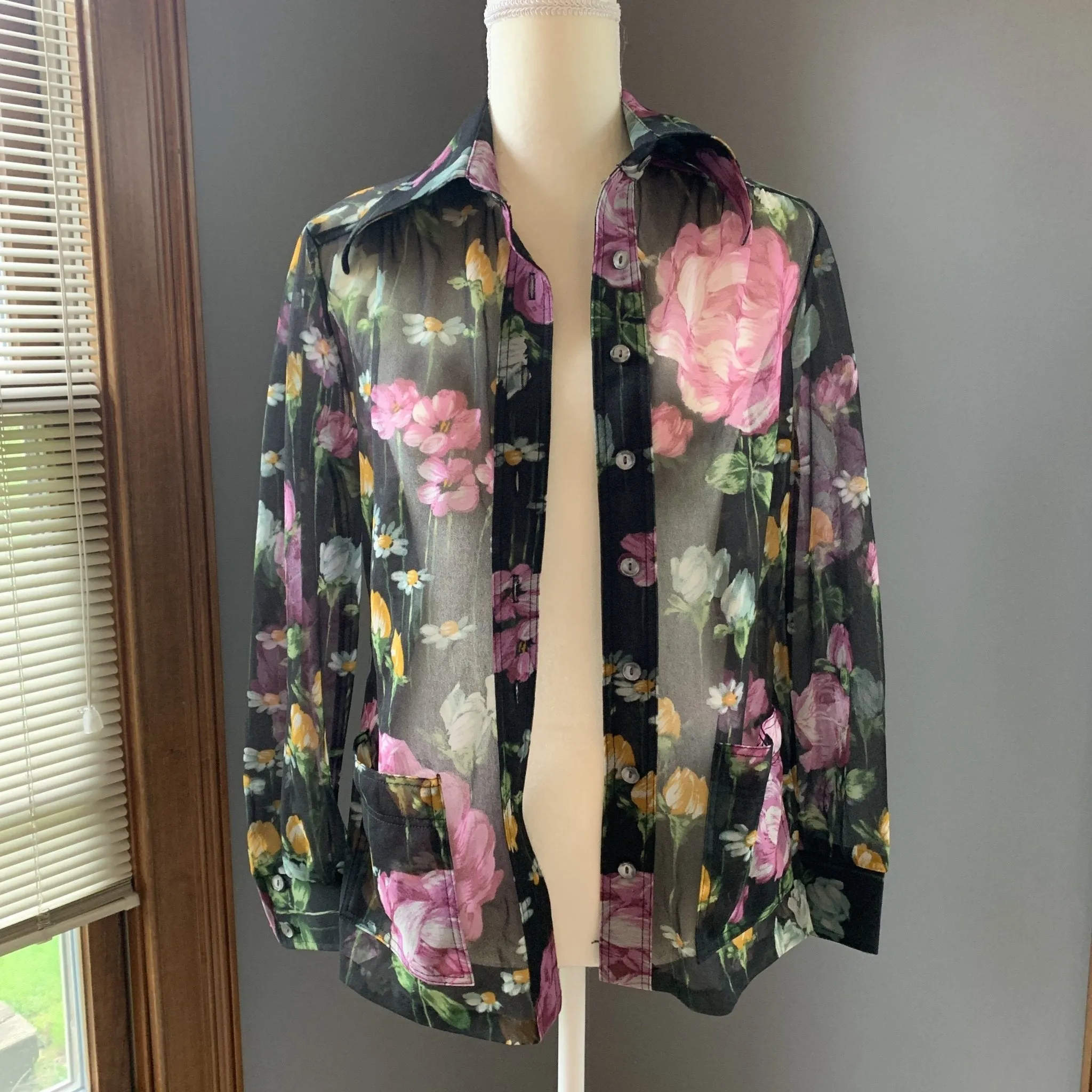 Vintage Black Sheer Floral Blouse or Jacket by Three Flagg. Vintage Fashion Statement Piece.