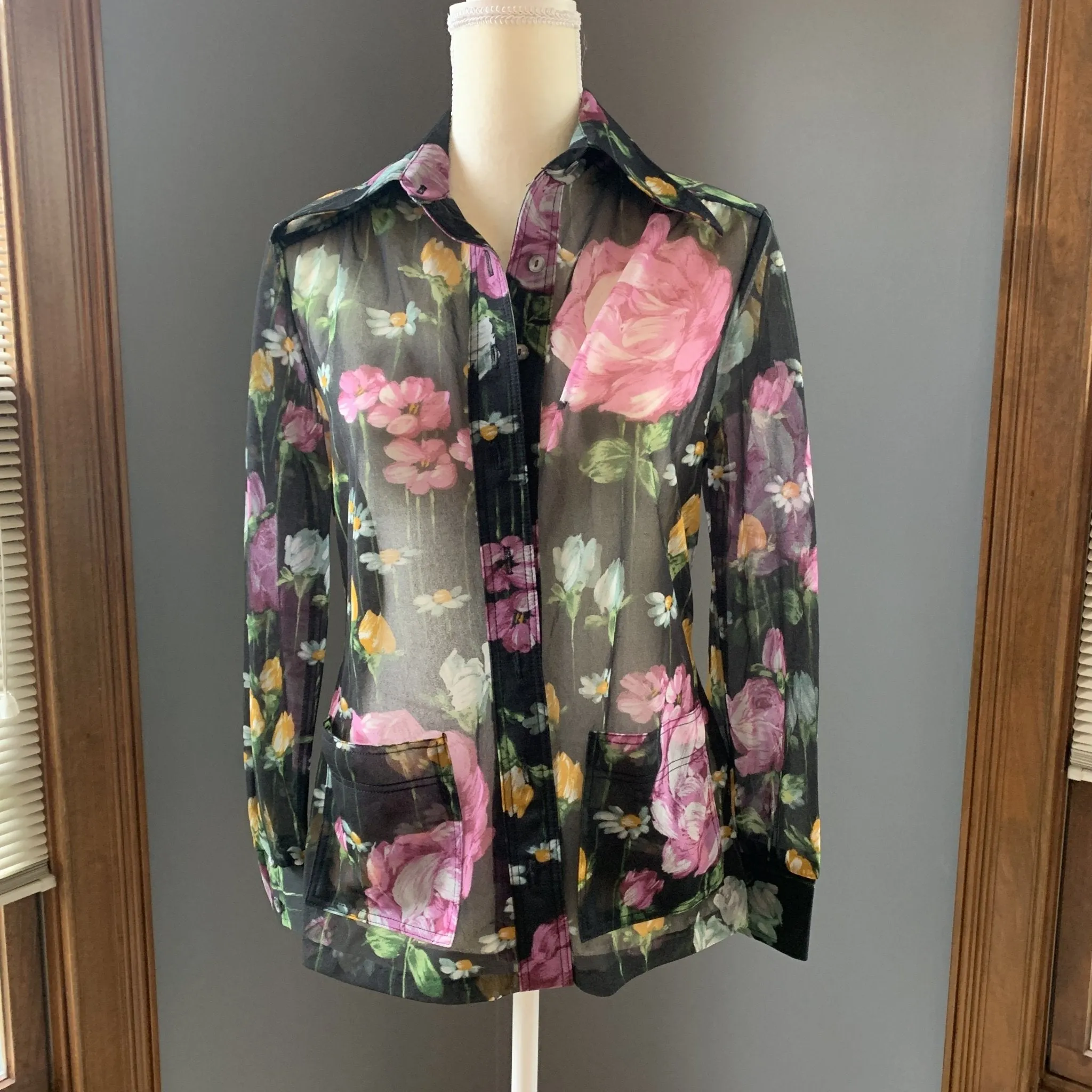 Vintage Black Sheer Floral Blouse or Jacket by Three Flagg. Vintage Fashion Statement Piece.