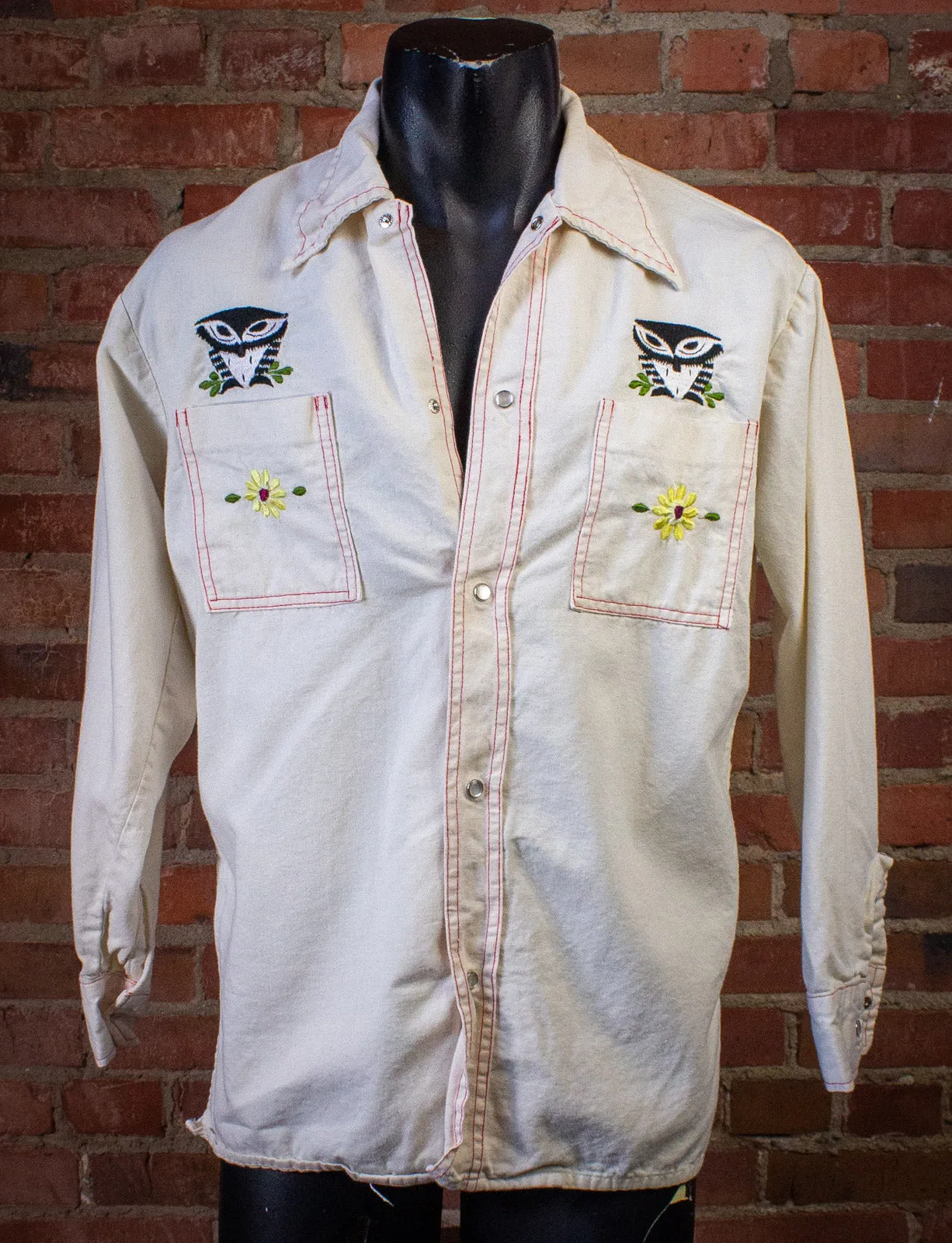 Vintage Bordados Embroidered Owl Pearl Snap Western Shirt White XL