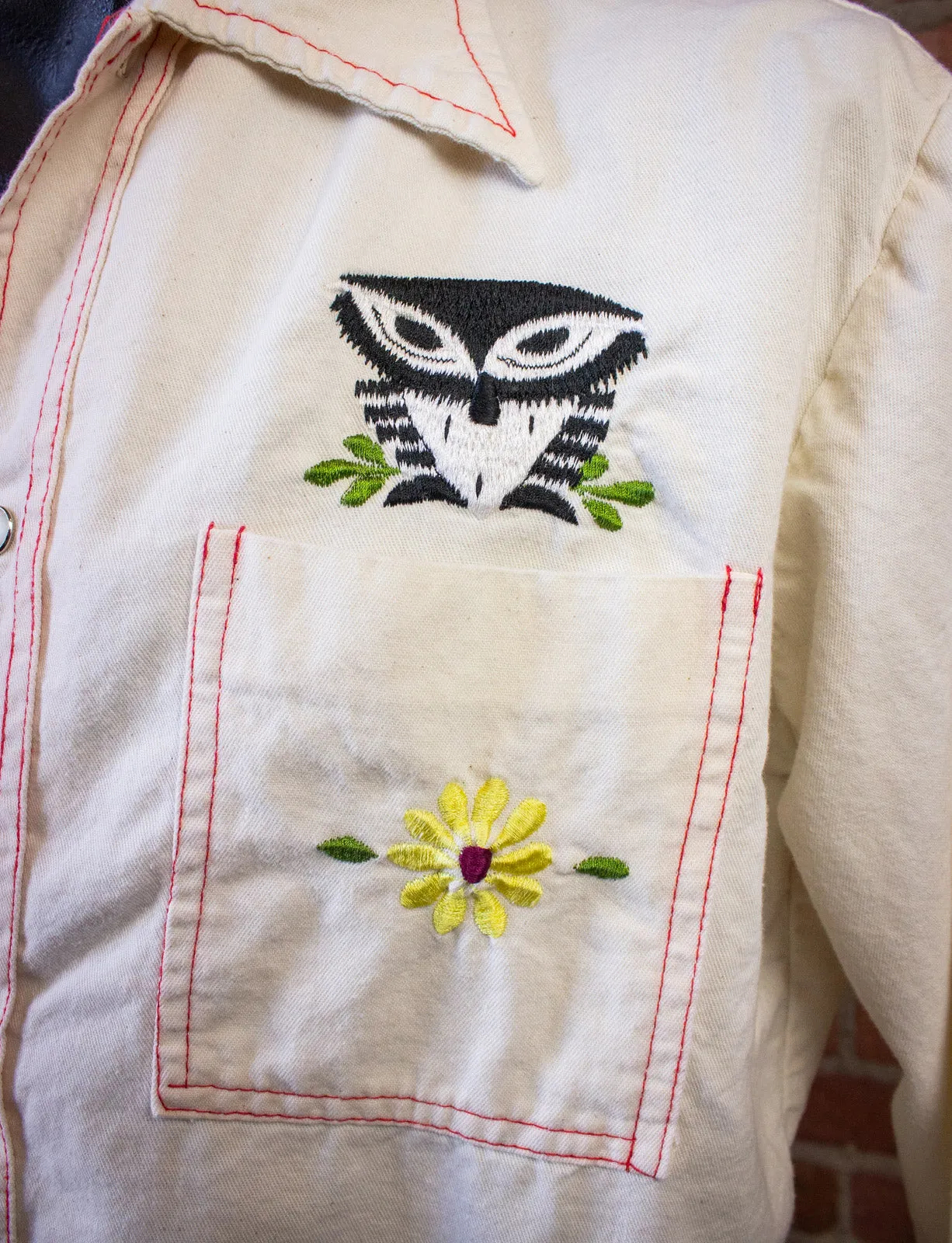 Vintage Bordados Embroidered Owl Pearl Snap Western Shirt White XL