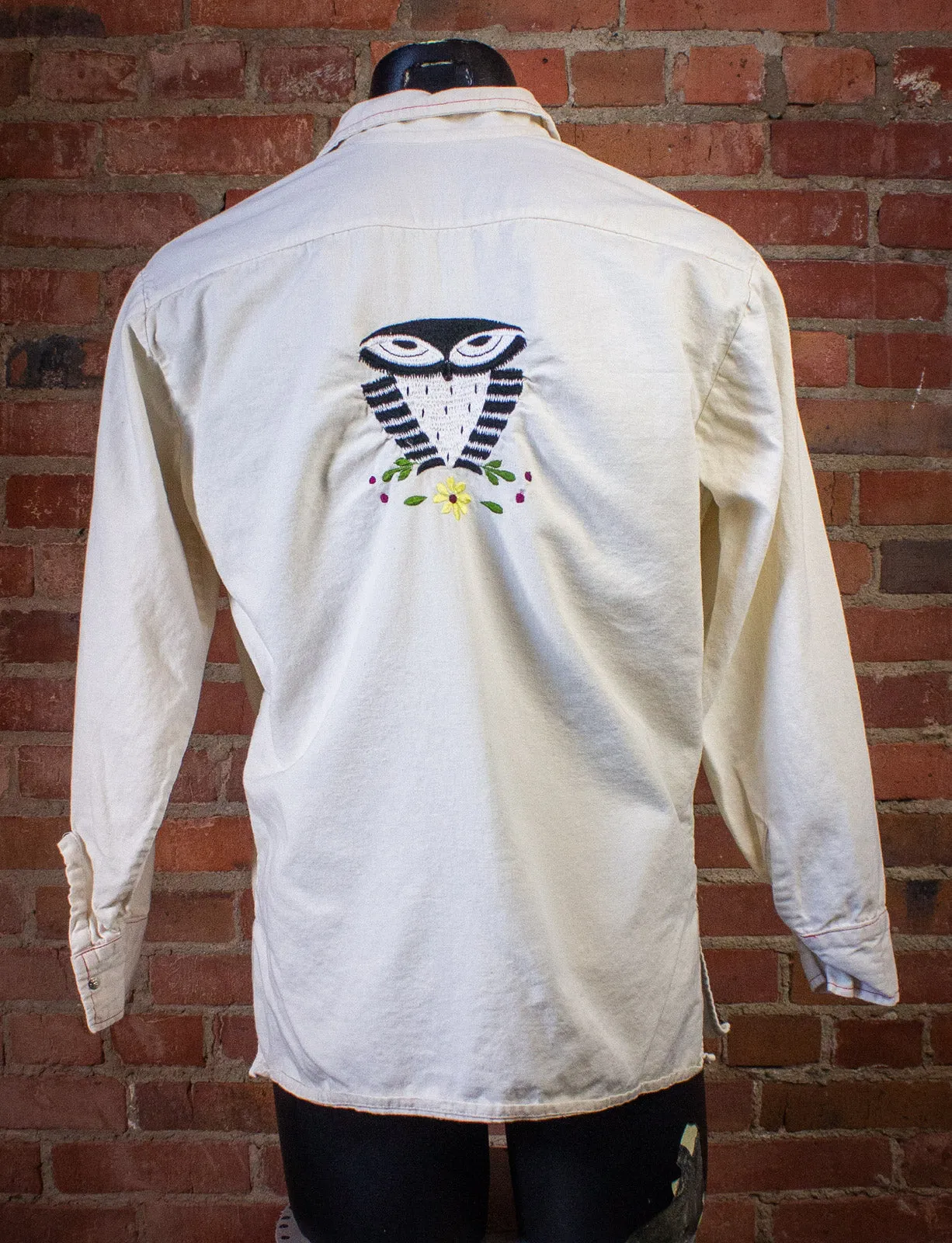 Vintage Bordados Embroidered Owl Pearl Snap Western Shirt White XL