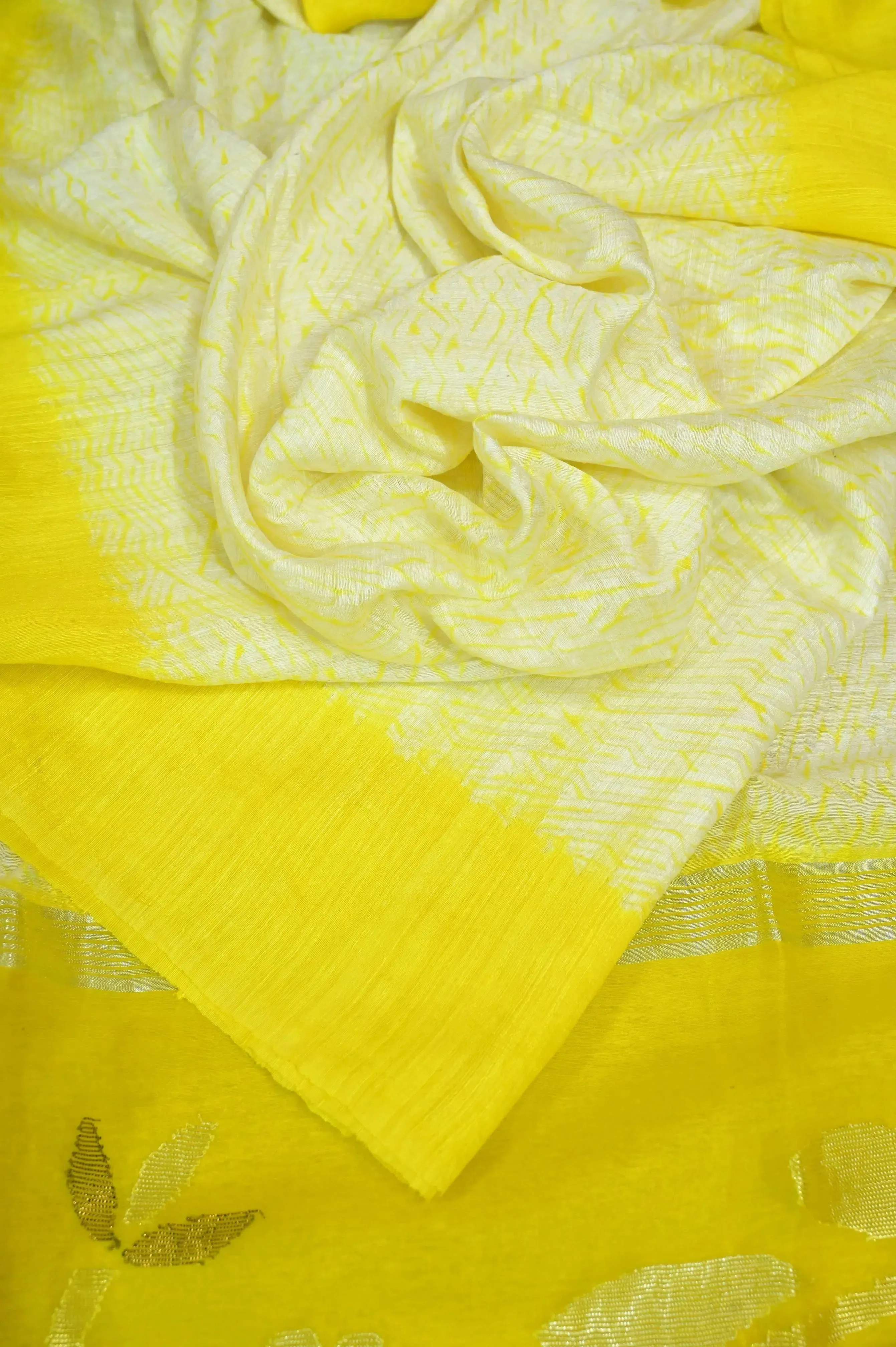 White and Yellow Color Matka Silk Saree with Shibori Dye Work and Muslin Jamdani Pallu