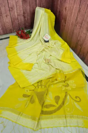 White and Yellow Color Matka Silk Saree with Shibori Dye Work and Muslin Jamdani Pallu