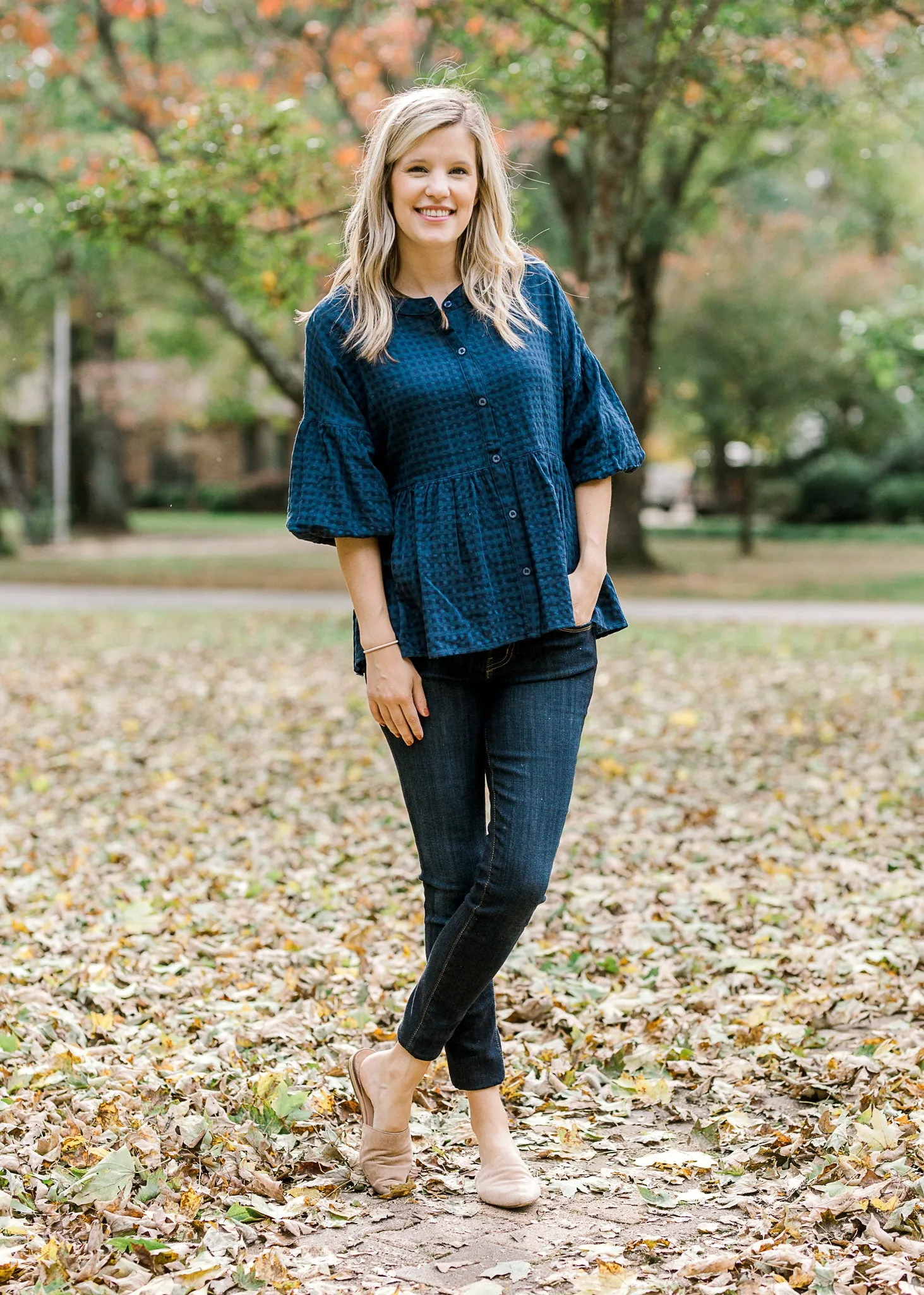 X Blue Tone on Tone Plaid Top