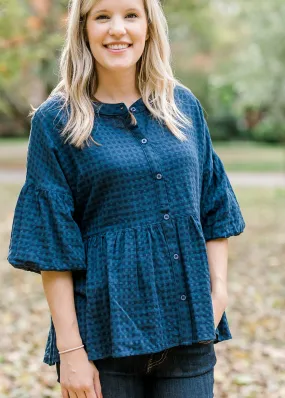 X Blue Tone on Tone Plaid Top