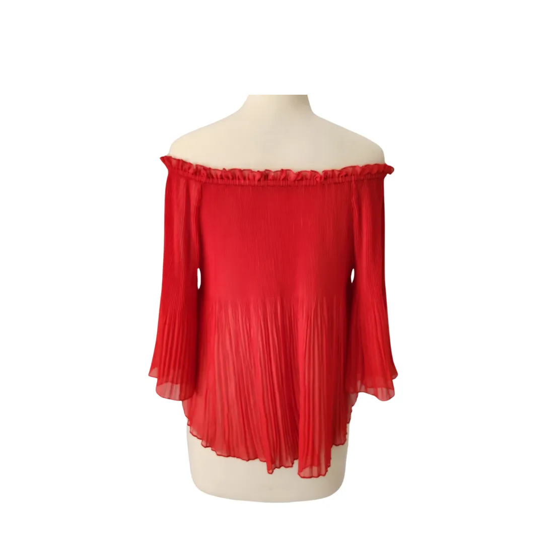 ZARA Red Pleated Off-shoulder Semi-sheer Blouse | Pre Loved |