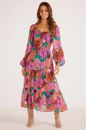 Zora Purple Fall Floral Tiered Midi Dress