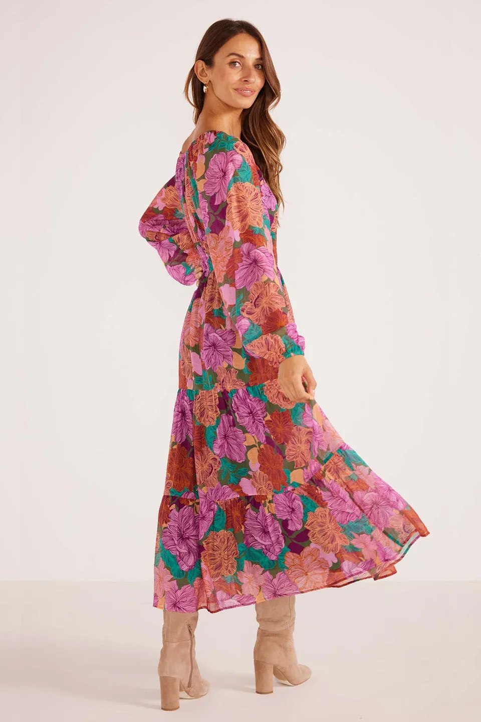 Zora Purple Fall Floral Tiered Midi Dress