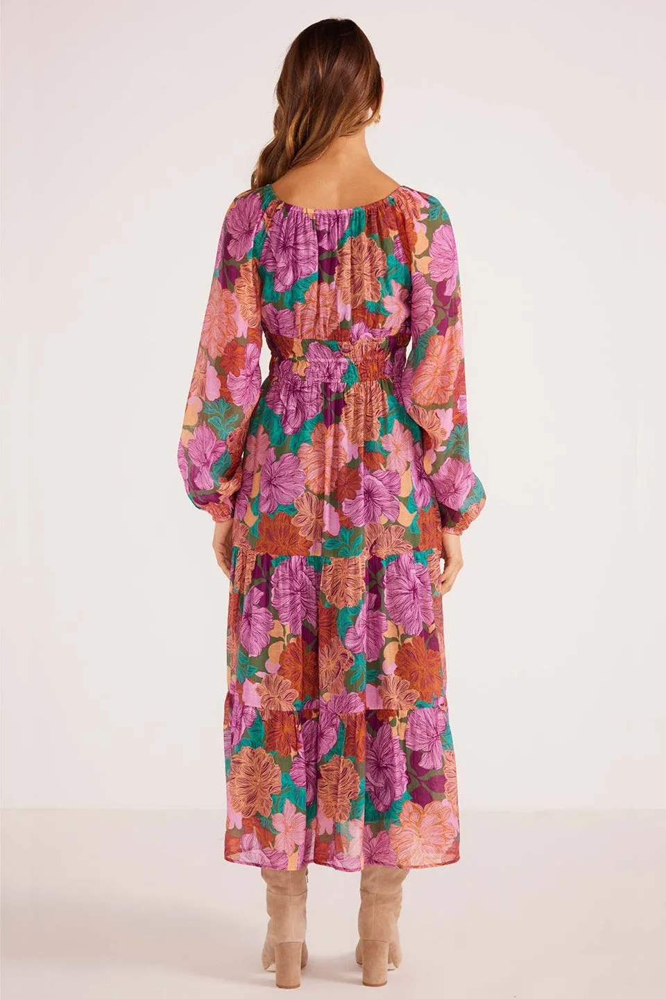 Zora Purple Fall Floral Tiered Midi Dress